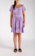 Dex-2322539-SmockedWaist Mini Dress-Lavender Etched Floral