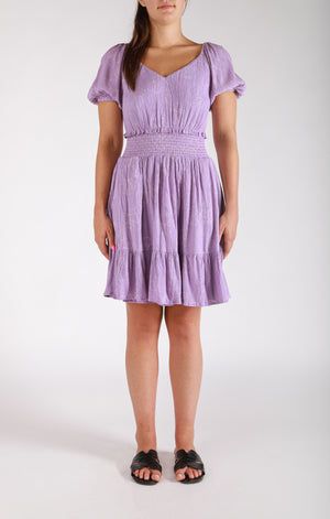 
                  
                    Dex-2322539-SmockedWaist Mini Dress-Lavender Etched Floral
                  
                