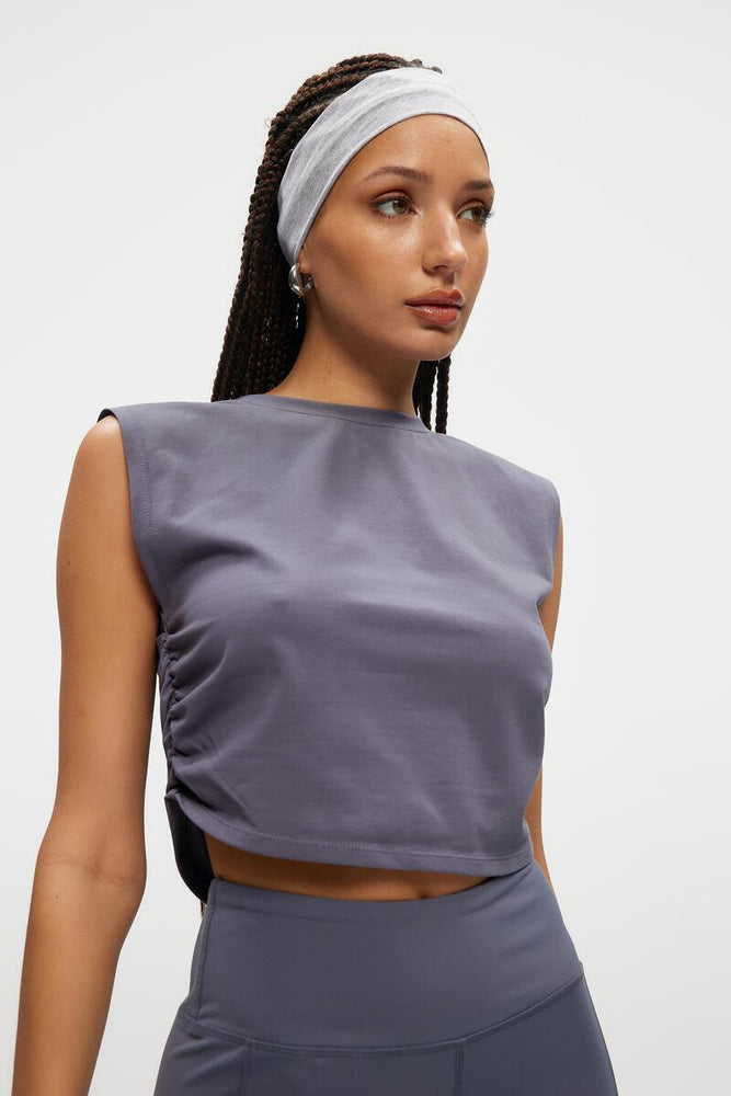 RUCHED SLEEVELESS TEE - STEEL BLUE