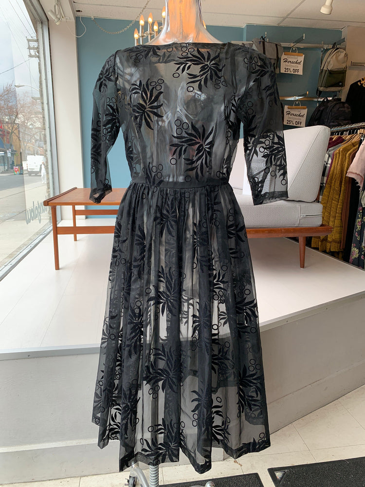 
                  
                    Vintage Gorgeous Black 1950's Floral Sheer Flocked Velvet Dress
                  
                