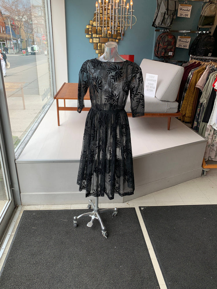 
                  
                    Vintage Gorgeous Black 1950's Floral Sheer Flocked Velvet Dress
                  
                