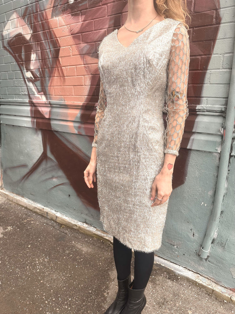 silver tinsel dress French Connection Tinsel Treat Sheath Dress