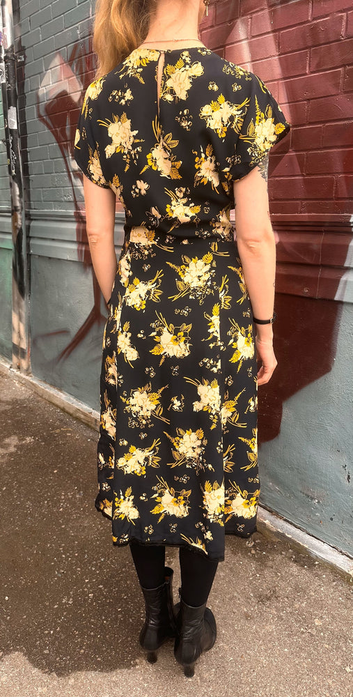 
                  
                    1940’s Vintage Floral Rayon Dress with Asymmetric Ruffle
                  
                