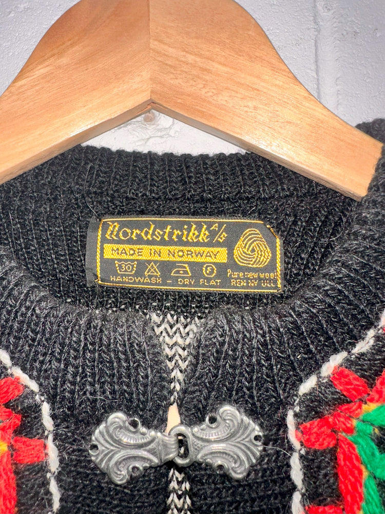
                  
                    Vintage Nordstrikk Norwegian Wool Black and White Fair Isle Cardigan Sweater
                  
                
