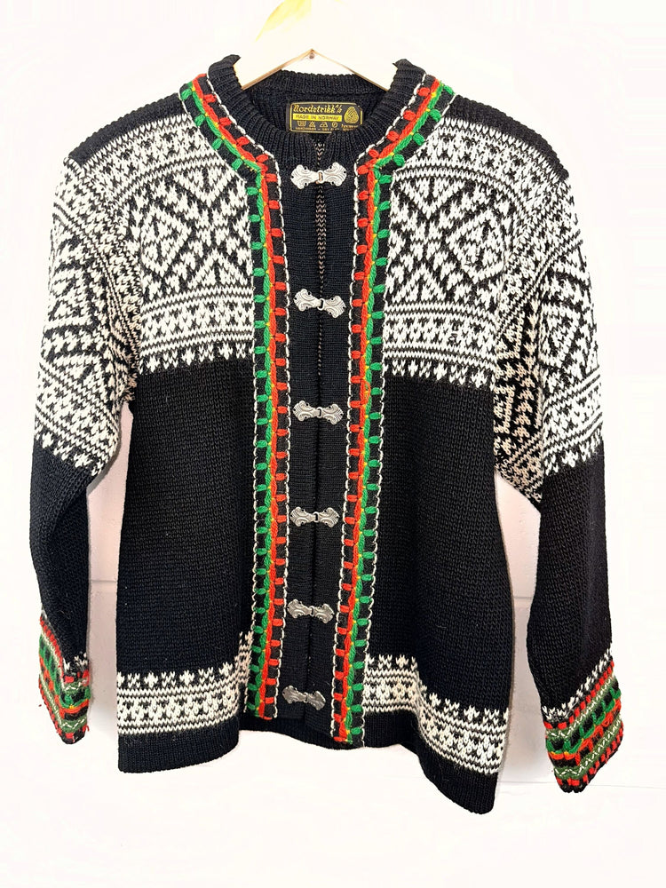 Vintage Nordstrikk Norwegian Wool Black and White Fair Isle Cardigan Sweater